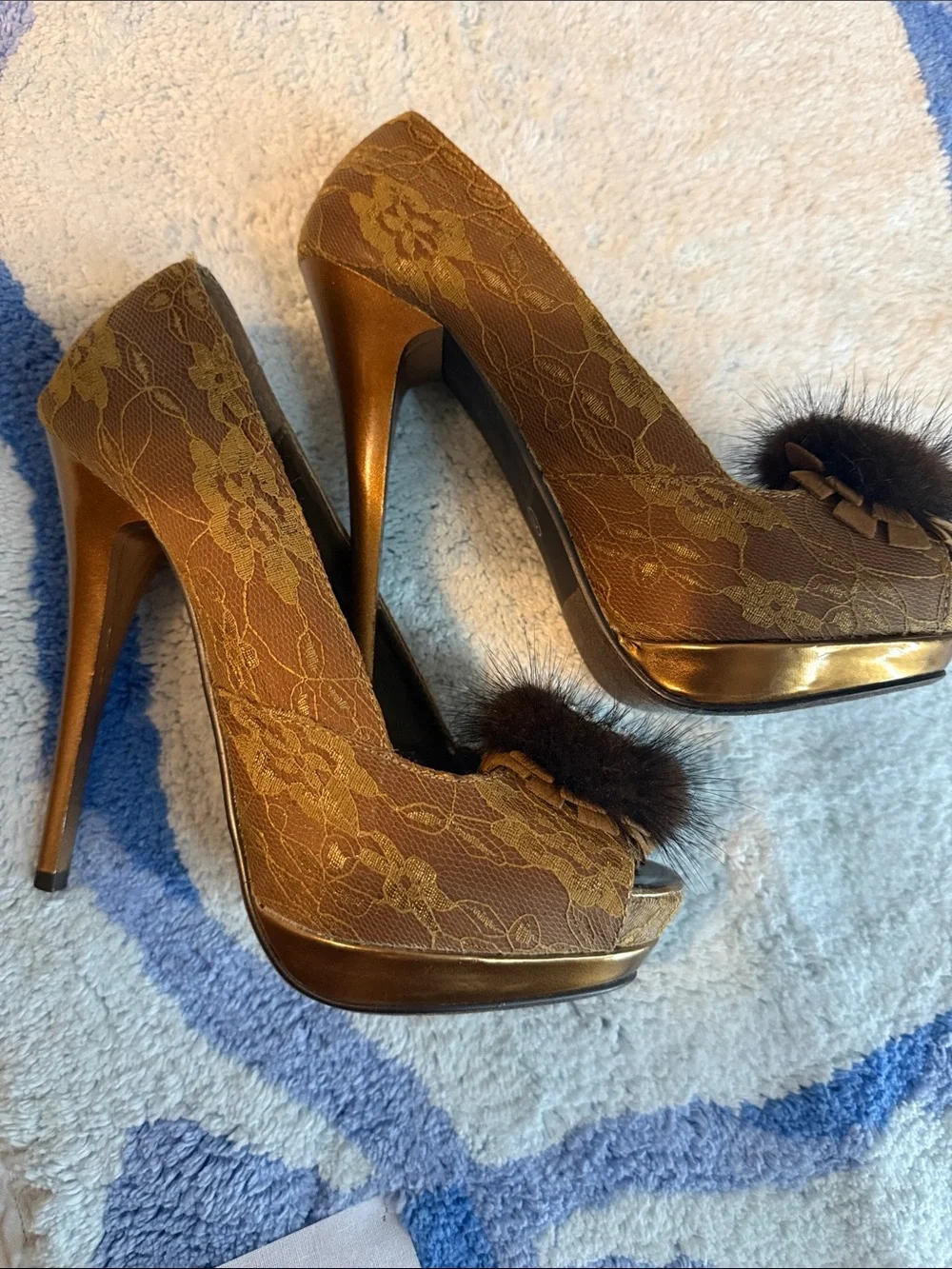 2 Lips Too Brown Fur Pom-Pom Heels with Crystal Cluster